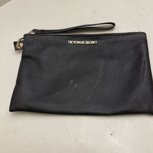 VTG Victoria Secret Black Wristlet Makeup Bag Purse Vinyl Gold Logo